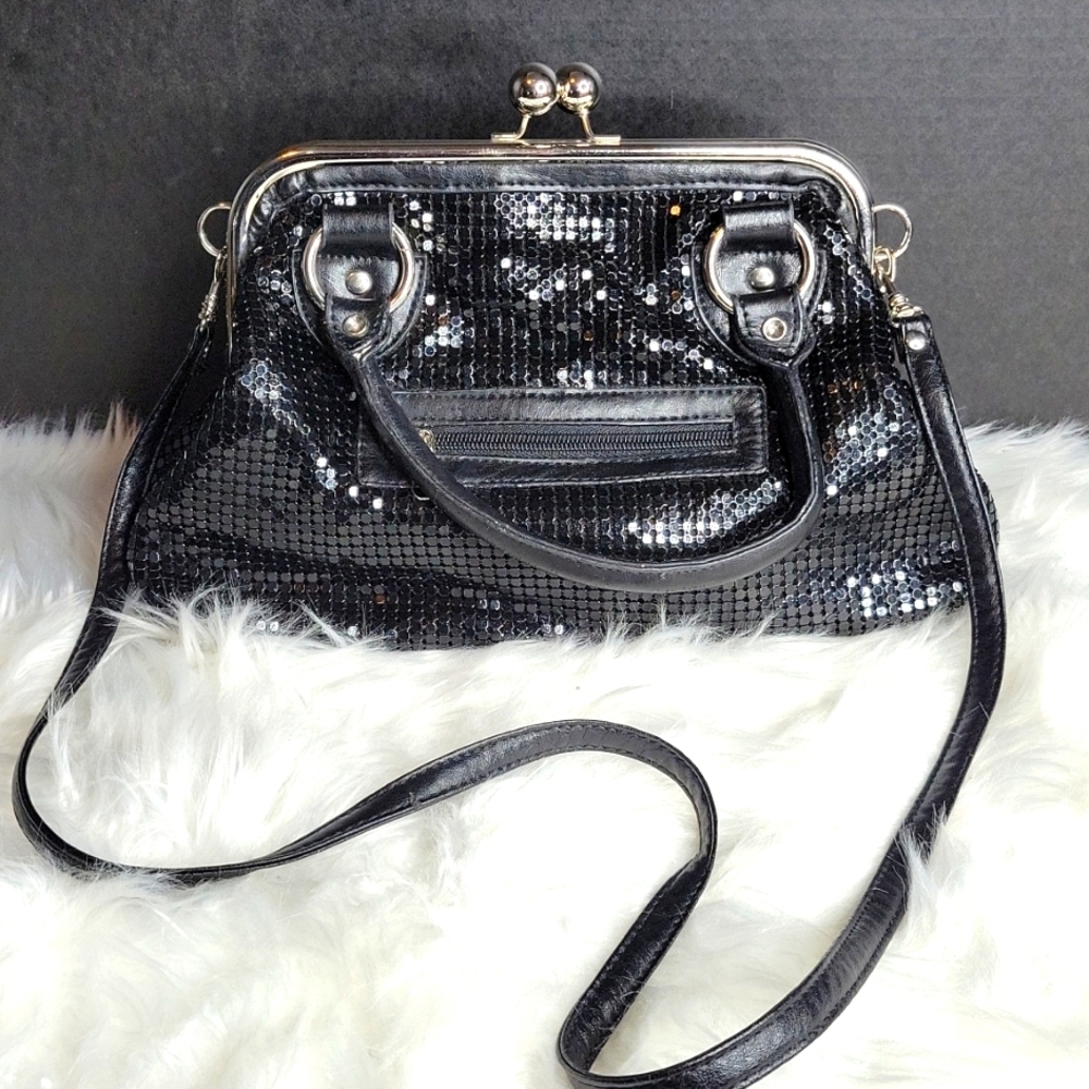 Black Sequined Leather Shoulder Bag 11X7.5 inches‎